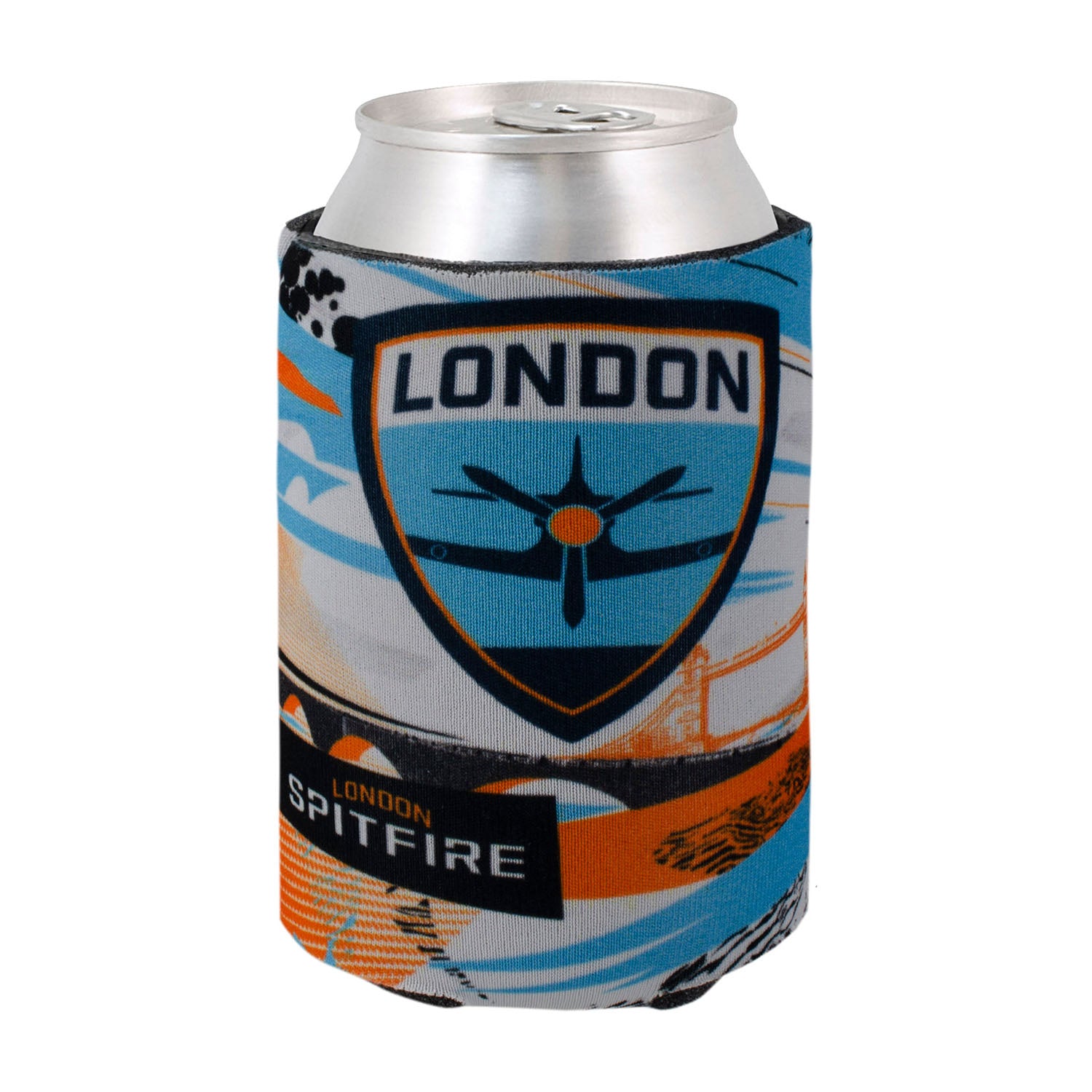 London Spitfire Can Cooler in Blue - Front Can View