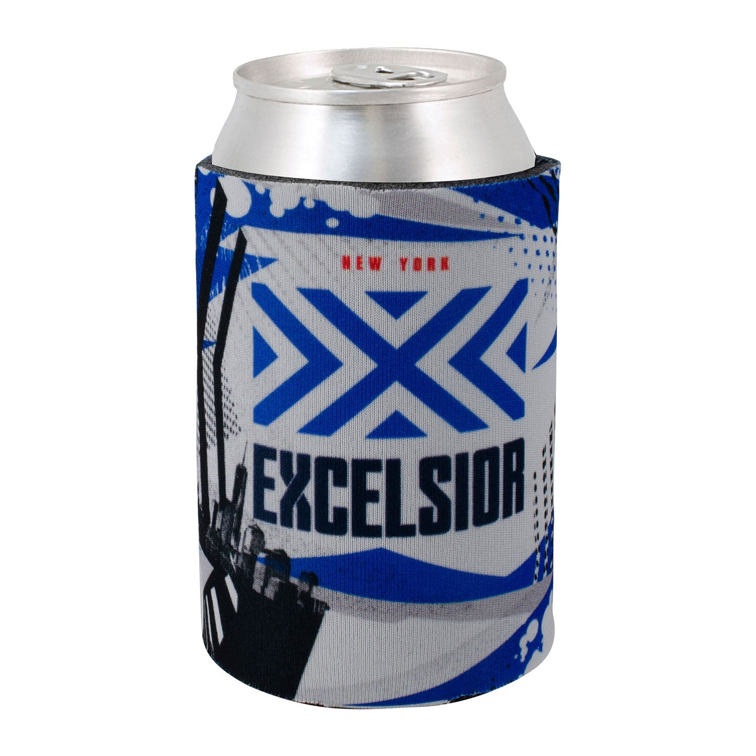 New York Excelsior Can Cooler in Blue - Front Can View