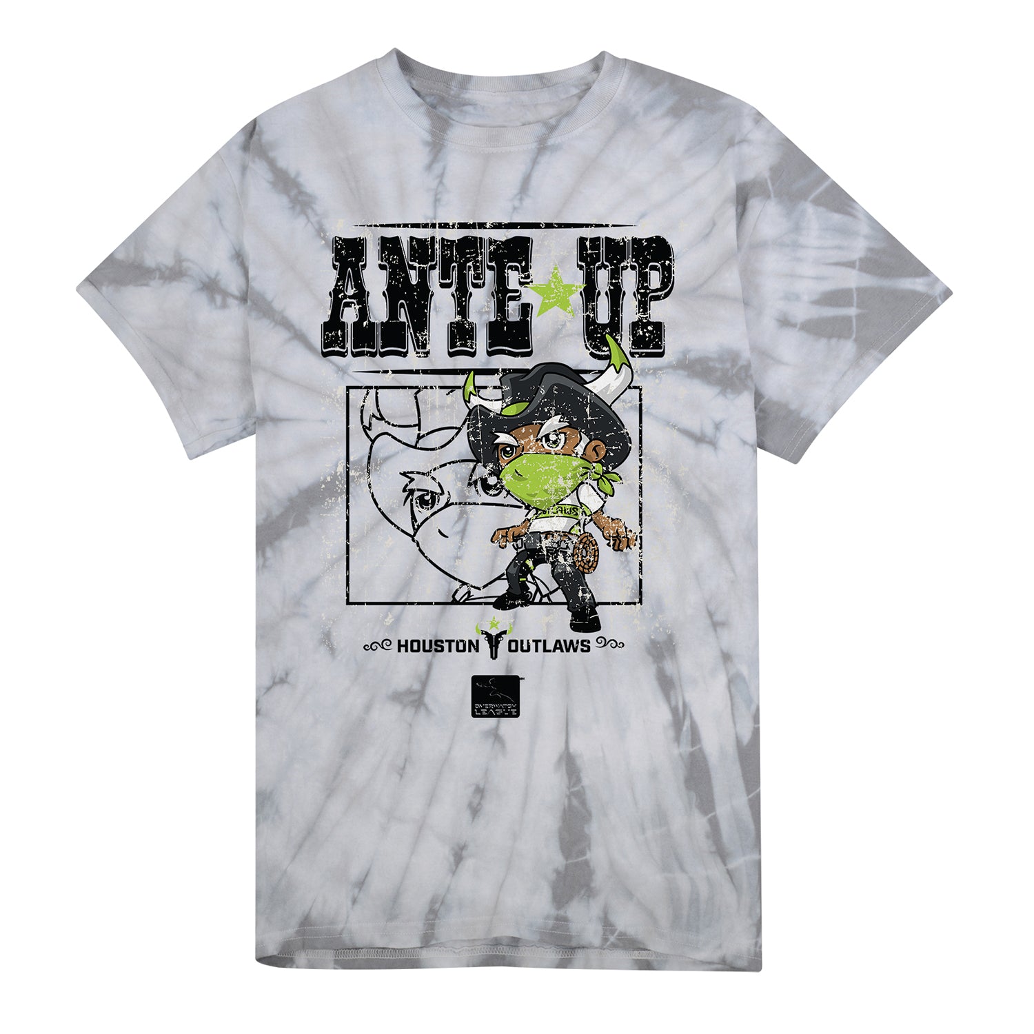 Houston Outlaws Tie-Dye Chibi Mascot T-Shirt - Front View